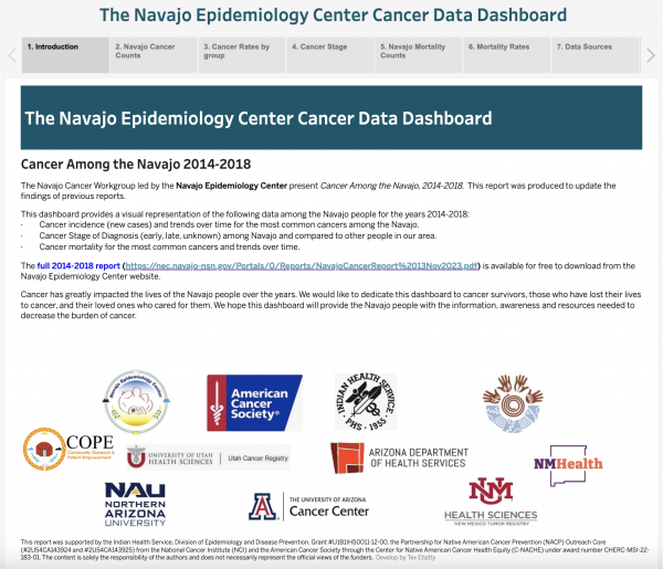 screenshot of the Navajo cancer dashboard introduction page